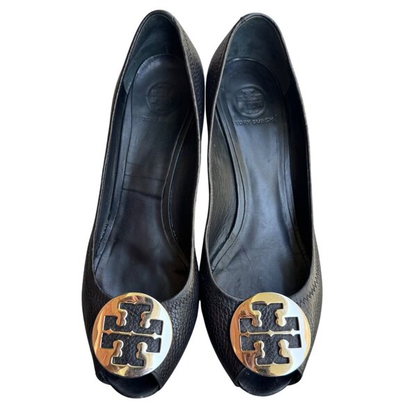 Tory Burch Shoes - Tory Burch Black Leather Wedge Peep Toe Pumps With Gold Logo Size 10M